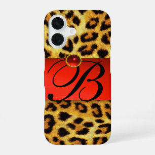 DRUCKTE LEOPARFUR RED RUBY GEMSTONE MONOGRAM, iPhone 16 HÜLLE