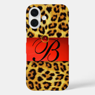 DRUCKTE LEOPARFUR RED RUBY GEMSTONE MONOGRAM, iPhone 16 HÜLLE