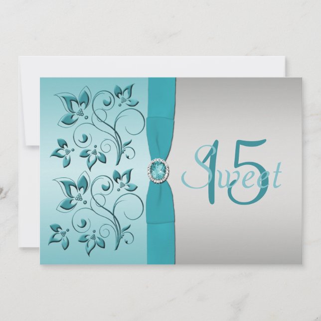 DRUCKTE RIBBON Aqua, Silver Quinceanera Einladung (Vorderseite)