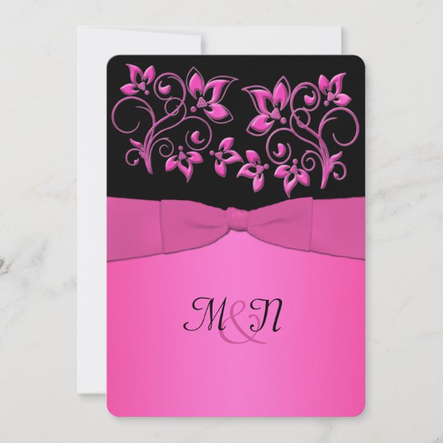 DRUCKTE RIBBON Black, Pink Floral Wedite Einladung (Vorderseite)