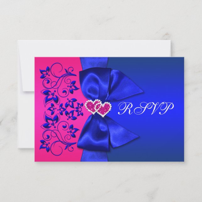 DRUCKTE RIBBON Blau, rosa, florale Hochzeitkarte R RSVP Karte (Vorderseite)