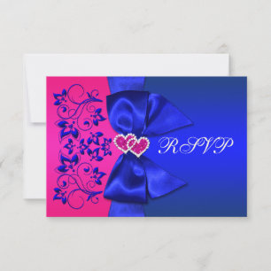 DRUCKTE RIBBON Blau, rosa, florale Hochzeitkarte R RSVP Karte