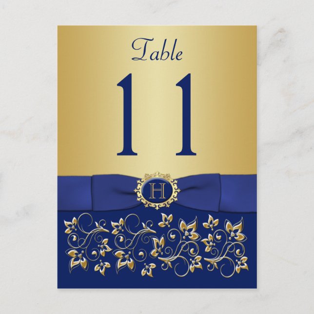 DRUCKTE RIBBON Blue Gold Tischnummer Postkarte (Vorderseite)