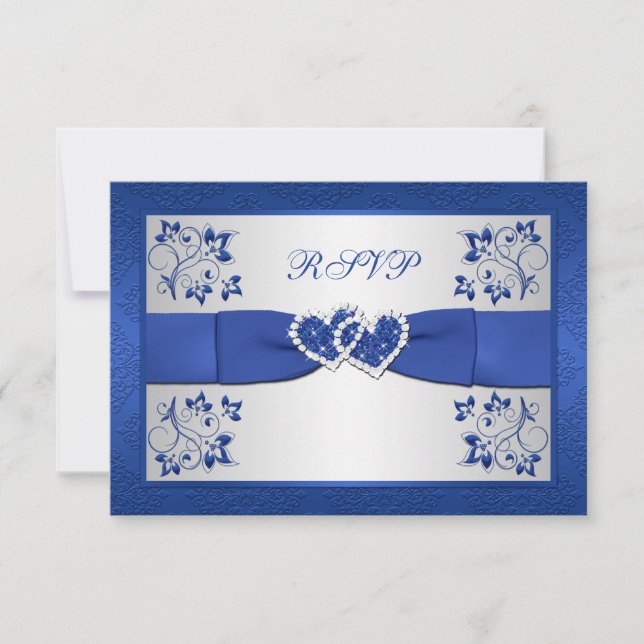 DRUCKTE RIBBON Blue, Silver Floral Repcard RSVP Karte (Vorderseite)