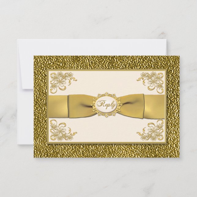 DRUCKTE RIBBON Elfenbein. Gold Floral Reply Card RSVP Karte (Vorderseite)