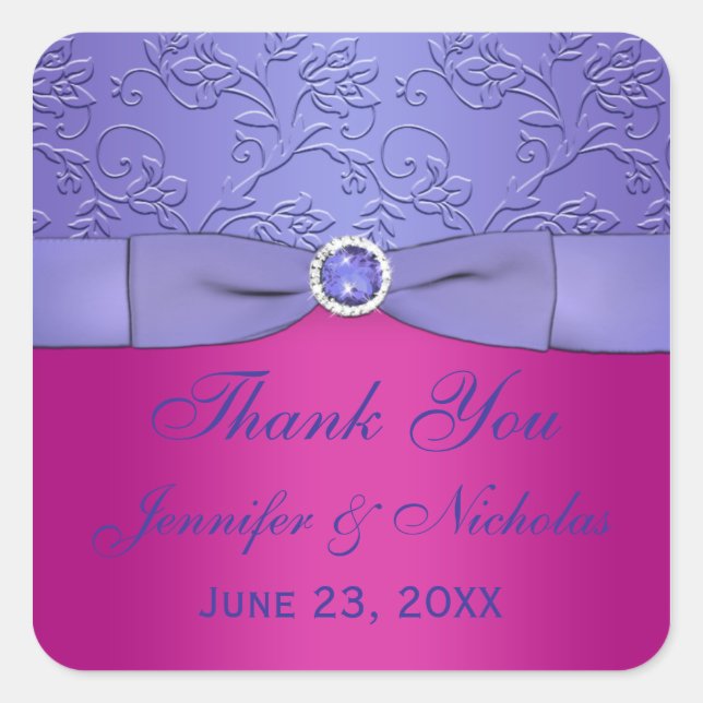 DRUCKTE RIBBON Fuchsia, Lila Hochzeitsticker Quadratischer Aufkleber (Vorderseite)