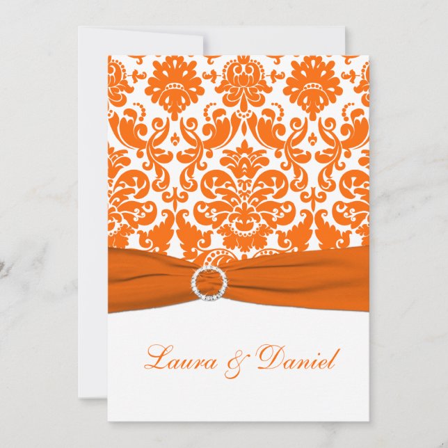 DRUCKTE RIBBON Weiß, Orange Damask Wedite Einladun Einladung (Vorderseite)