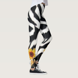 DRUCKTE SCHWARZ-WEISSE ZEBRA-HAUT MIT SONNENBLUMEN LEGGINGS