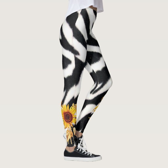 DRUCKTE SCHWARZ-WEISSE ZEBRA-HAUT MIT SONNENBLUMEN LEGGINGS (Rechts)