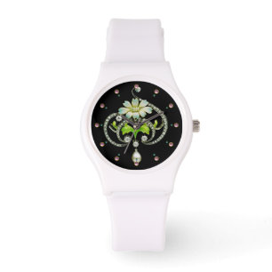DRUCKTE WEISSE ENAMEL BLUME, PEARLS UND DIAMONEN ARMBANDUHR