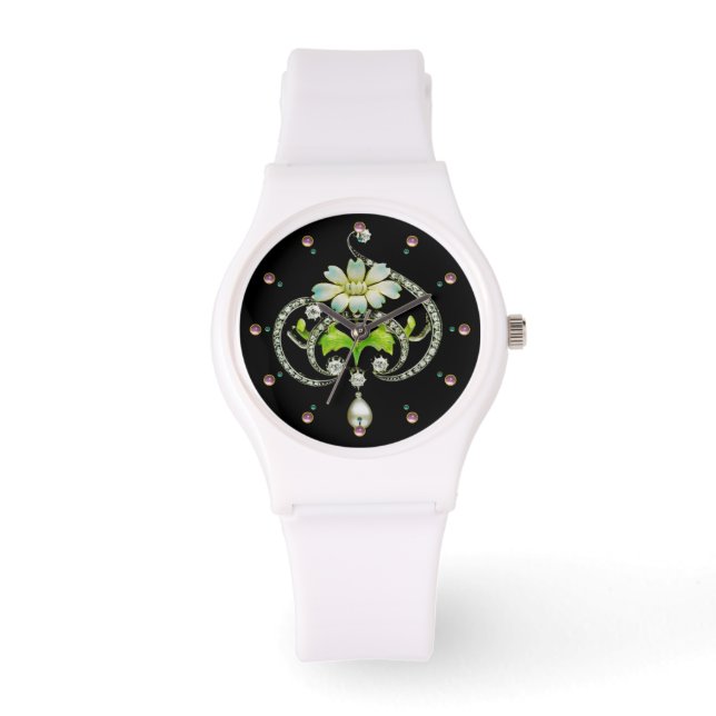DRUCKTE WEISSE ENAMEL BLUME, PEARLS UND DIAMONEN ARMBANDUHR (Vorderseite)