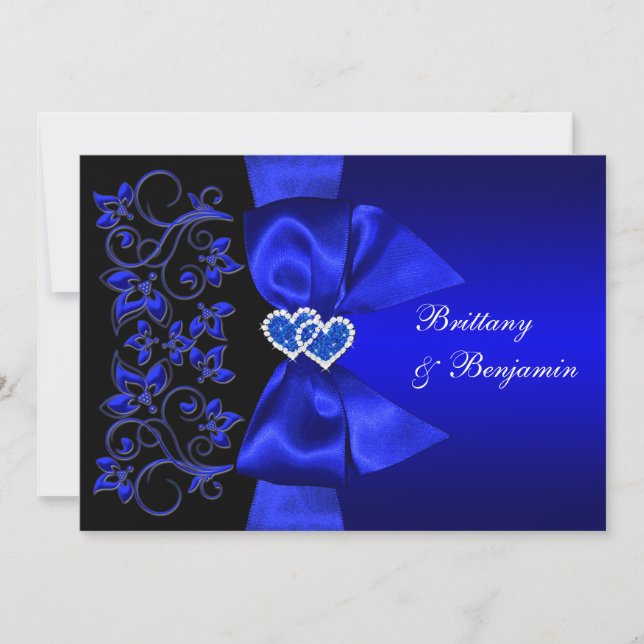 DRUCKTES RIBBON Blau, Schwarzer Floral Hochzeitsem Einladung (Vorderseite)