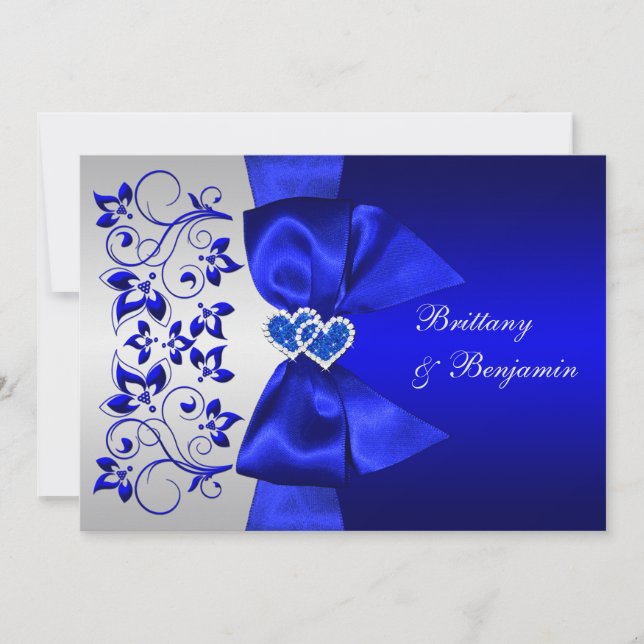 DRUCKTES RIBBON Blau, Silver Floral Wedite Einladung (Vorderseite)