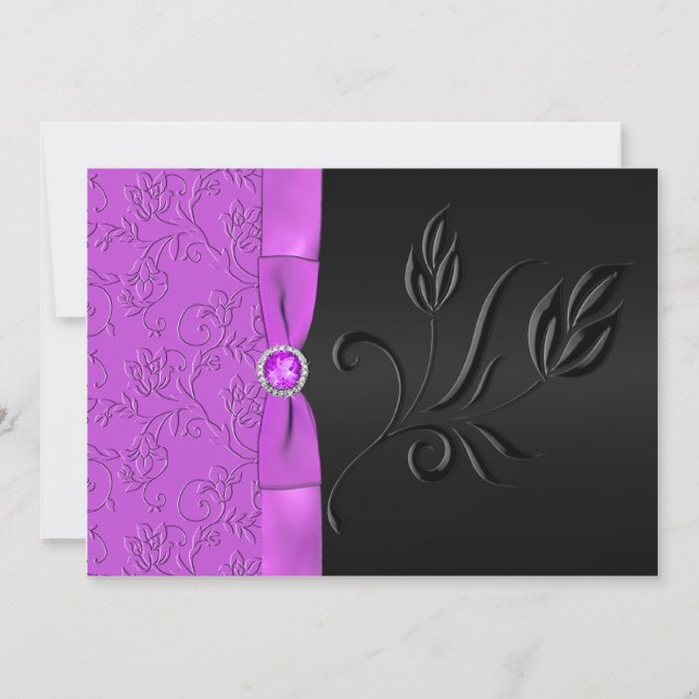 DRUCKTES RIBBON Schwarz, Lila Blumenzwiebeleinladu Einladung (Vorderseite)