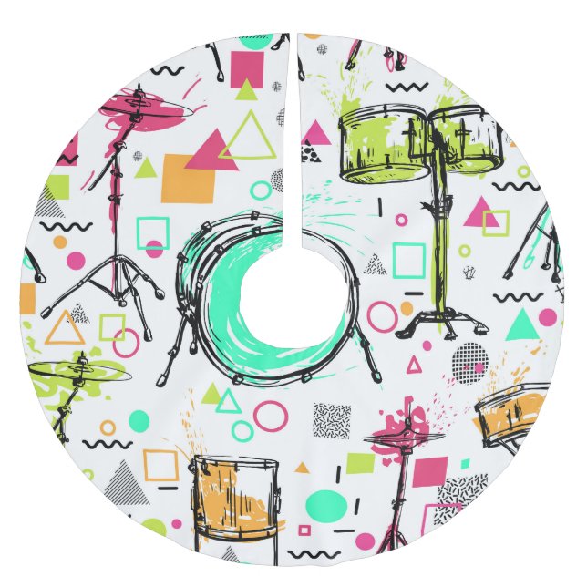 Drum Kit: Das Retro der Wasserfarben-Memphis. Polyester Weihnachtsbaumdecke (Vorderseite)
