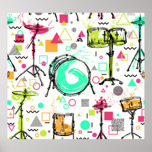 Drum Kit: Das Retro der Wasserfarben-Memphis. Poster