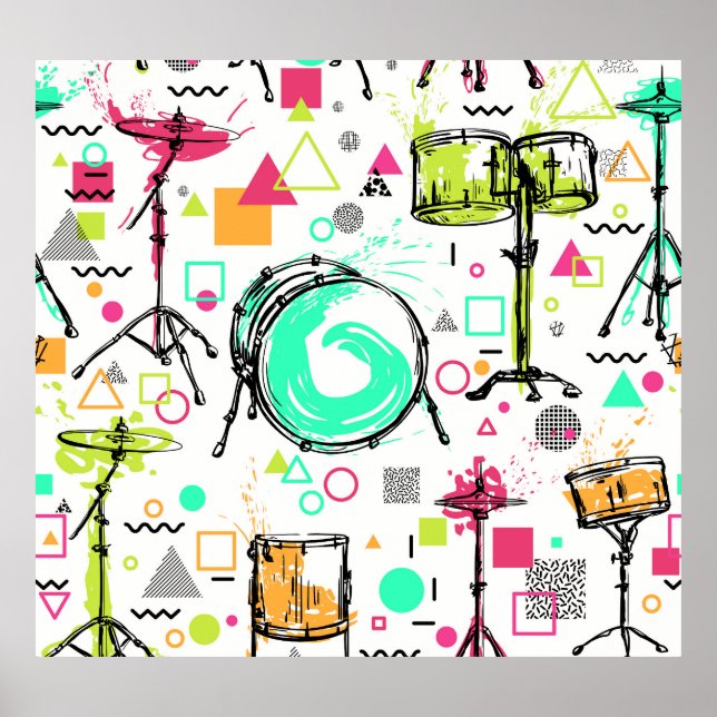 Drum Kit: Das Retro der Wasserfarben-Memphis. Poster (Vorne)