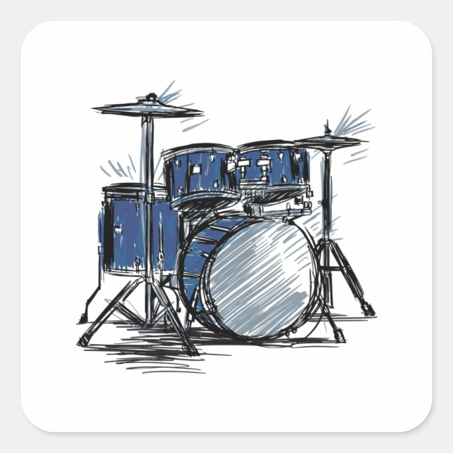 Drum Kit Sketch Music Quadratischer Aufkleber (Vorderseite)