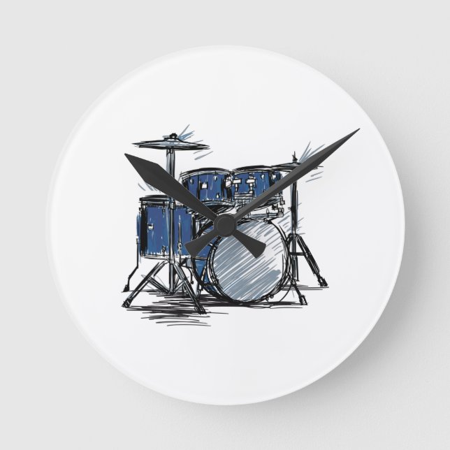 Drum Kit Sketch Music Runde Wanduhr (Vorderseite)