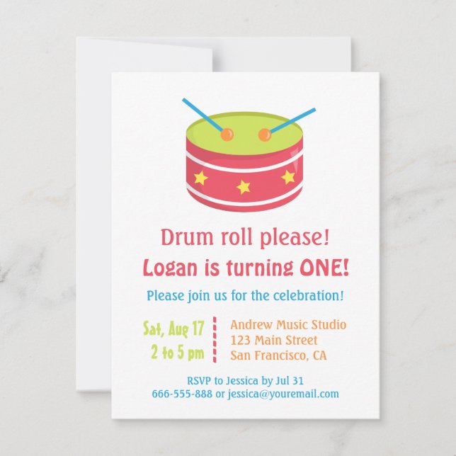 Drum Roll Boy First Birthday Party Invitations (Devant)