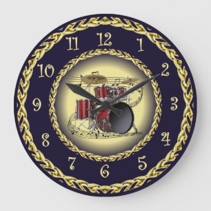 Drum Set 02 ~ Musical Scroll ~ Gold/Navy Blue ~ Große Wanduhr