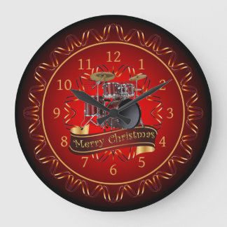 Drum Set, Merry Christmas, Maroon & Black ~   Große Wanduhr