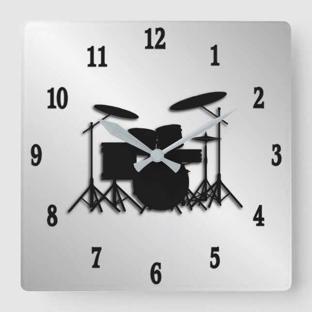 Drum Set Music Design Black Numbers Quadratische Wanduhr (Vorderseite)