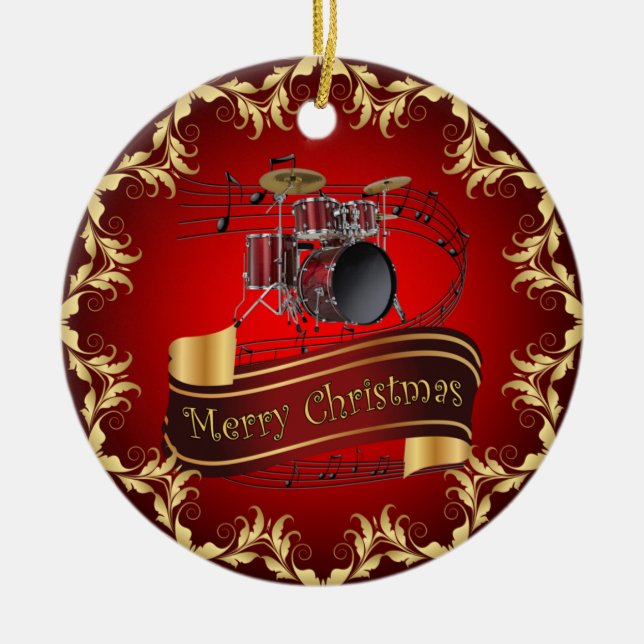 Drum Set ~ Musical Scroll ~ Frohe Weihnachten ~ *  Keramik Ornament (Vorne)