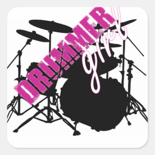 Drummer Girl Lila und Weiß mit Drum Kit Quadratischer Aufkleber