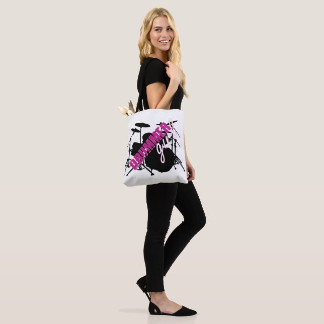 Drummer Girl mit Spaß Lila und Schwarz Grunge Text Tasche (Am Model)