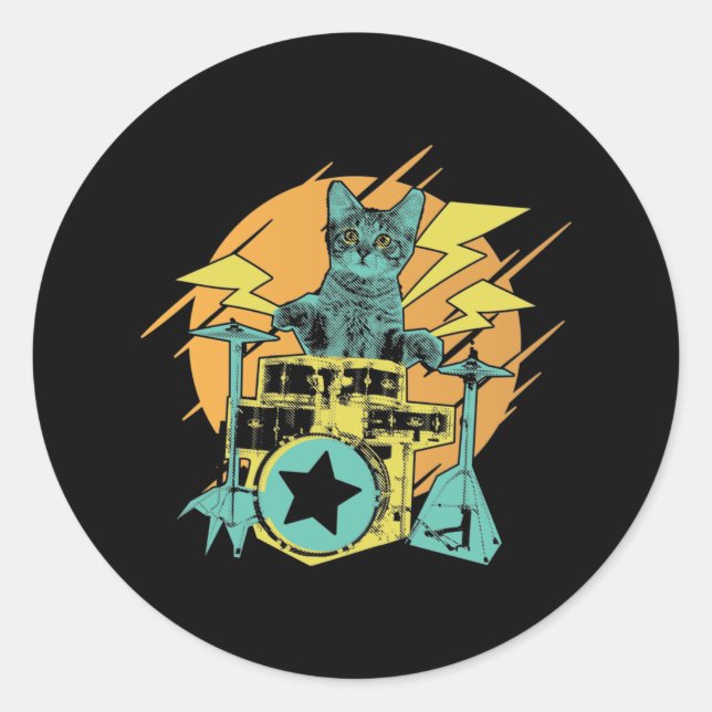 Drumming Cat Rock Music Kitten Runder Aufkleber (Vorderseite)