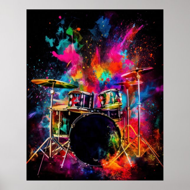 Drumset mit explodierenden Farben Poster (Vorne)