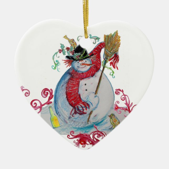 DRUNKEN SNOWMAN MIT VÖGELN Roten Schnörkeln Herz Keramik Ornament (Vorne)