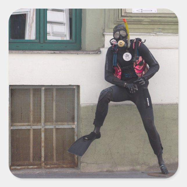 Dry Scuba Diver Quadratischer Aufkleber (Vorderseite)