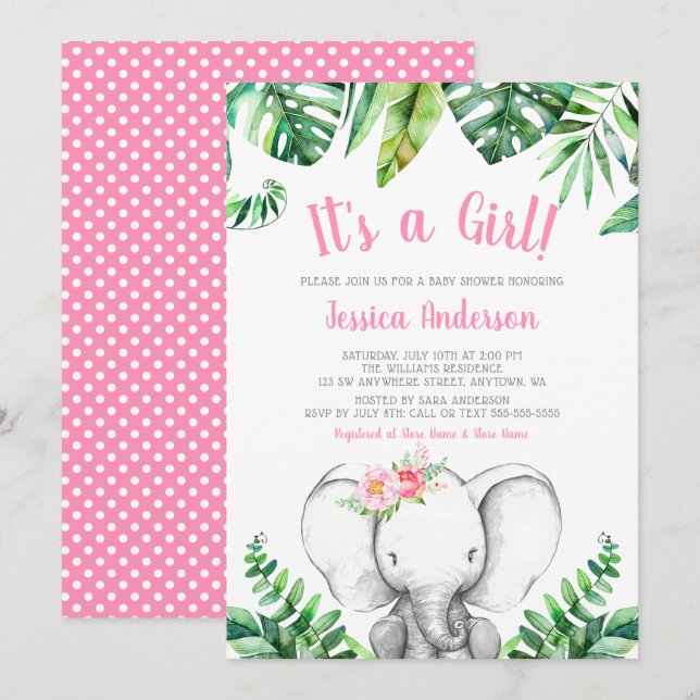 Dschungel-Elefant-Mädchen-Babyparty-Einladungen Einladung (Vorne/Hinten)