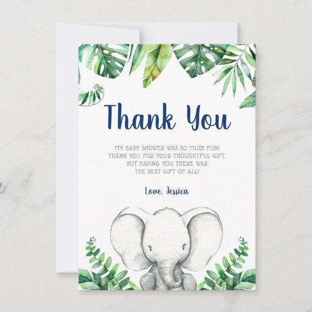 Dschungel-Elefant-Marine-Jungen-Babyparty Dankeskarte (Vorderseite)