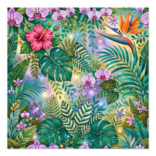 Dschungel-Fantasie-Blumen Lila Grün Gold Träumeris Fotodruck