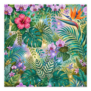 Dschungel-Fantasie-Blumen Lila Grün Gold Träumeris Fotodruck