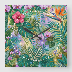 Dschungel-Fantasie-Blumen Lila Grün Gold Träumeris Quadratische Wanduhr
