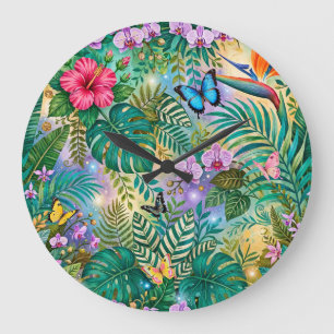Dschungel-Fantasie Schmetterlinge Blumen Fröhlich Große Wanduhr