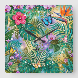Dschungel-Fantasie Schmetterlinge Blumen Fröhlich Quadratische Wanduhr