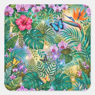 Dschungel-Fantasie Schmetterlinge Blumen Fröhlich Quadratischer Aufkleber