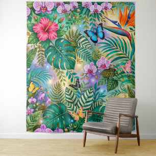 Dschungel-Fantasie Schmetterlinge Blumen Fröhlich Wandteppich