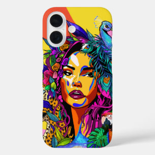 Dschungel-Göttin Pop-Art Pfau-Portrait iPhone 16 Hülle