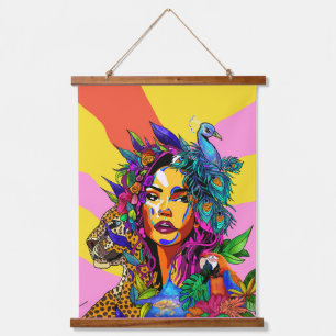 Dschungel-Göttin Pop-Art-Pfauen-Porträt Hängend Ta Wandteppich Mit Holzrahmen