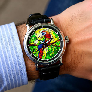 Dschungel-Juwel" - Buntglas-Papagei Armbanduhr