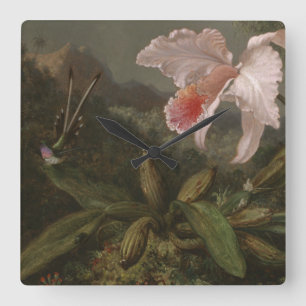 Dschungel-Orchideen und Kolibris Quadratische Wanduhr