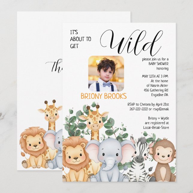 Dschungel-Safari "Es Wird Wild" Baby Shower Einladung (Vorne/Hinten)