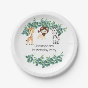 Dschungel-Safari-Jungs Giraffe Löwe Zebra 1. Gebur Pappteller