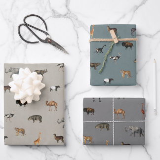 Dschungel-Safari-Tiere Muster Blau Beige Grau Geschenkpapier Set